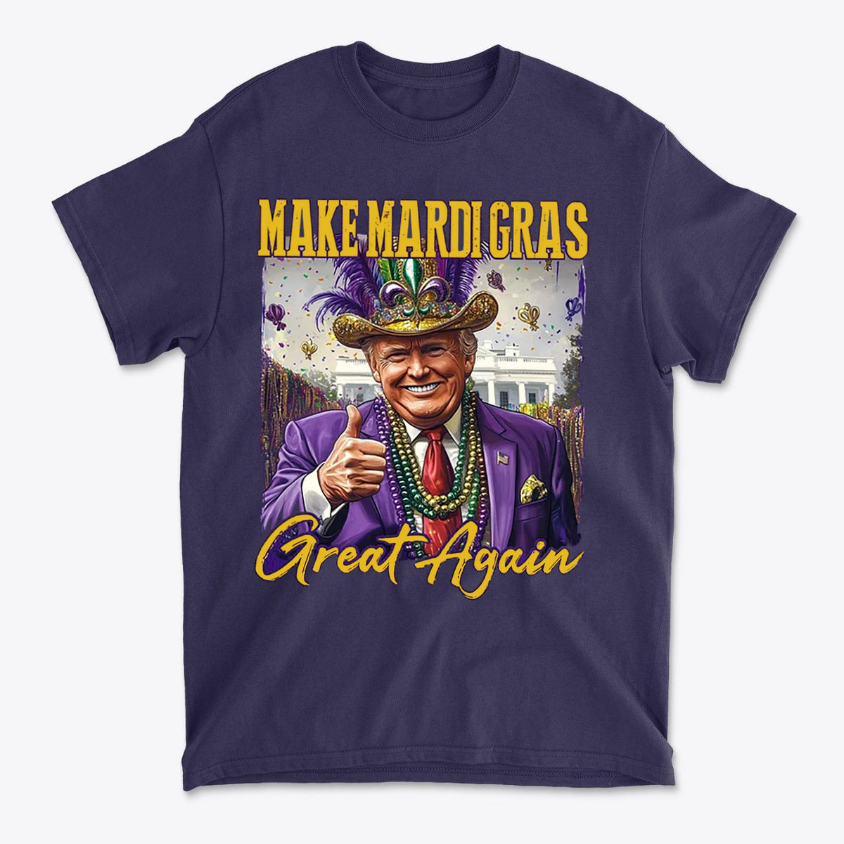 Make Mardi Gras Great Again Party Shirt featuring a smiling figure in a colorful costume with Mardi Gras beads.