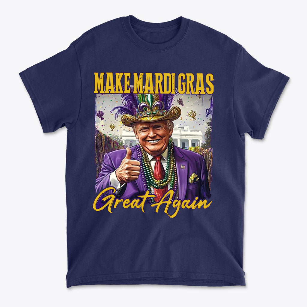 Make Mardi Gras Great Again Party Shirt featuring a festive design with a smiling character in a purple suit.