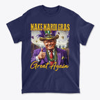 Make Mardi Gras Great Again Party Shirt featuring a festive design with a smiling character in a purple suit.