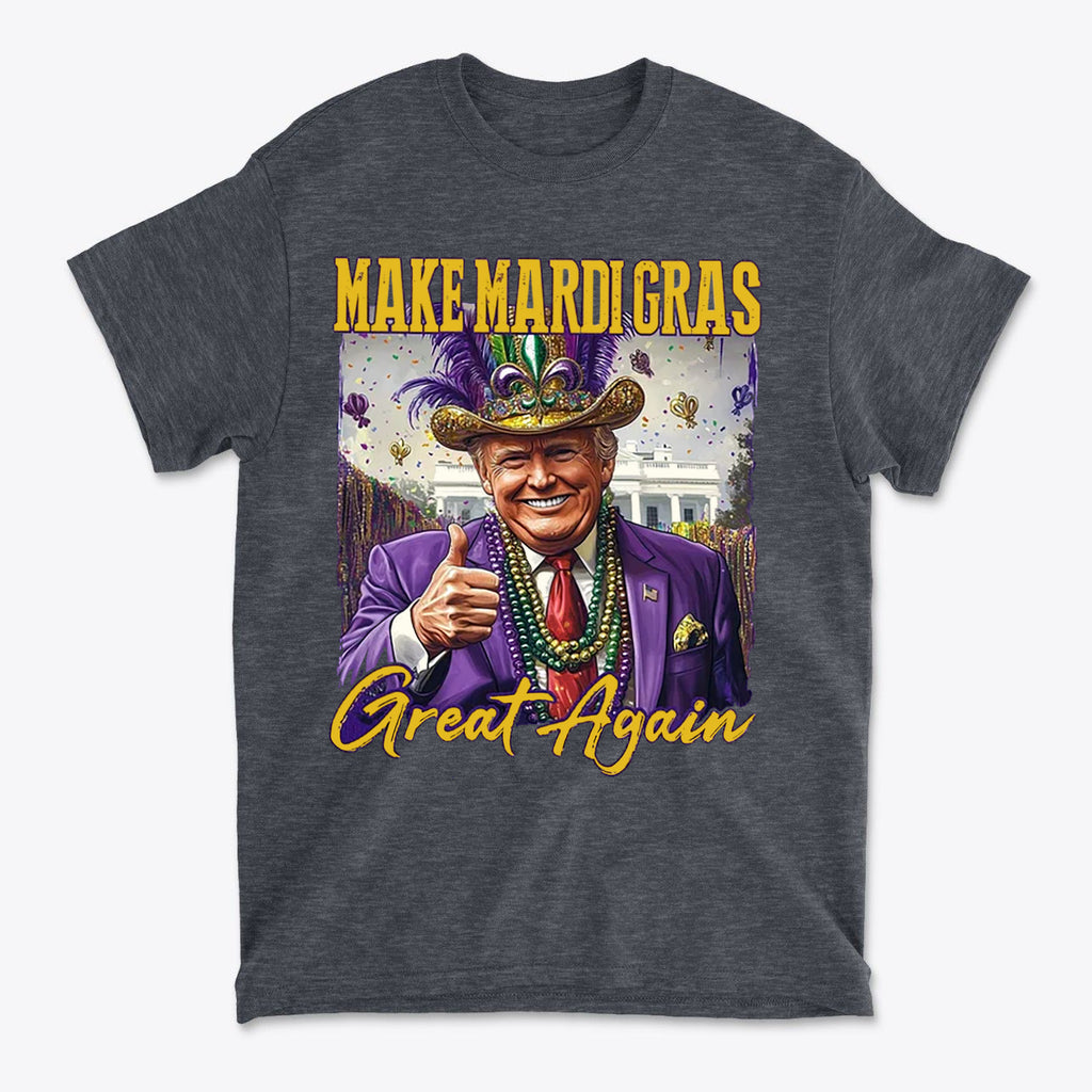 Make Mardi Gras Great Again Party Shirt featuring a joyful character celebrating with carnival aesthetics.