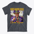 Make Mardi Gras Great Again Party Shirt featuring a joyful character celebrating with carnival aesthetics.