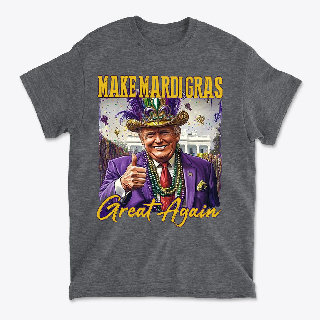Make Mardi Gras Great Again Party Shirt featuring a smiling man in festive attire with beads and a hat.