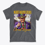 Make Mardi Gras Great Again Party Shirt featuring a smiling man in festive attire with beads and a hat.