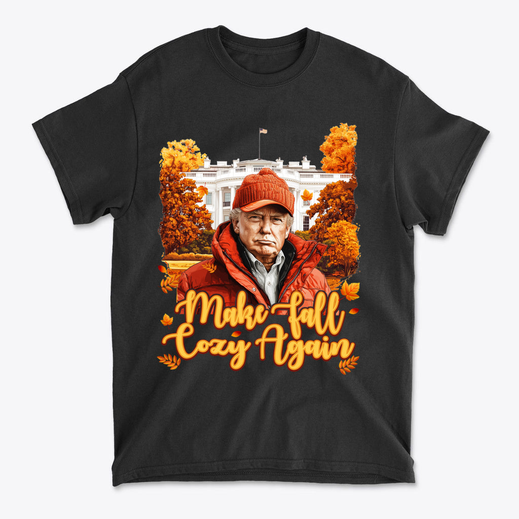 Make Fall Cozy Again Seasonal Shirt featuring autumn-themed design with a person in a red jacket surrounded by fall foliage.