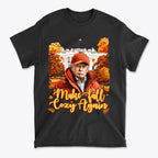 Make Fall Cozy Again Seasonal Shirt featuring autumn-themed design with a person in a red jacket surrounded by fall foliage.