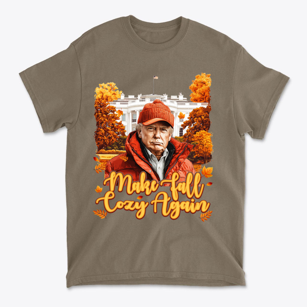 Make Fall Cozy Again Seasonal Shirt featuring a warm design with autumn colors and a playful theme.