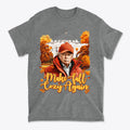Make Fall Cozy Again Seasonal Shirt featuring autumn graphics and a person against a colorful fall backdrop.