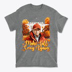 Make Fall Cozy Again Seasonal Shirt featuring autumn graphics and a person against a colorful fall backdrop.