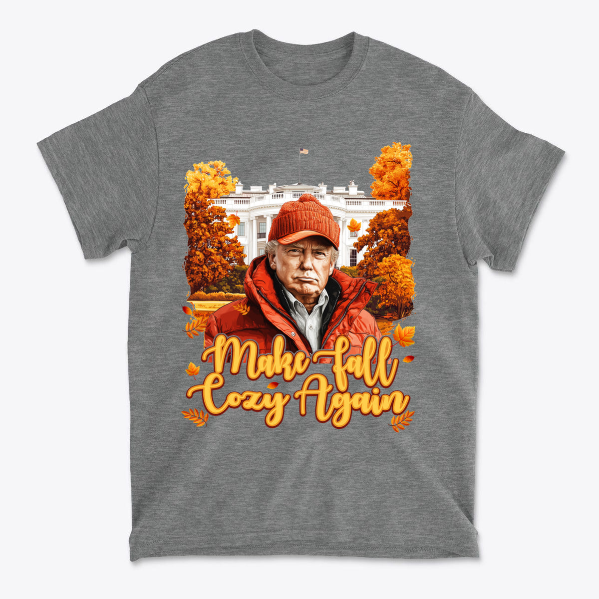 Make Fall Cozy Again Seasonal Shirt featuring autumn graphics and a person against a colorful fall backdrop.