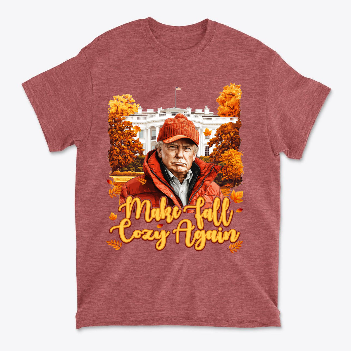 Make Fall Cozy Again Seasonal Shirt featuring a person in a red hat against a colorful autumn backdrop.