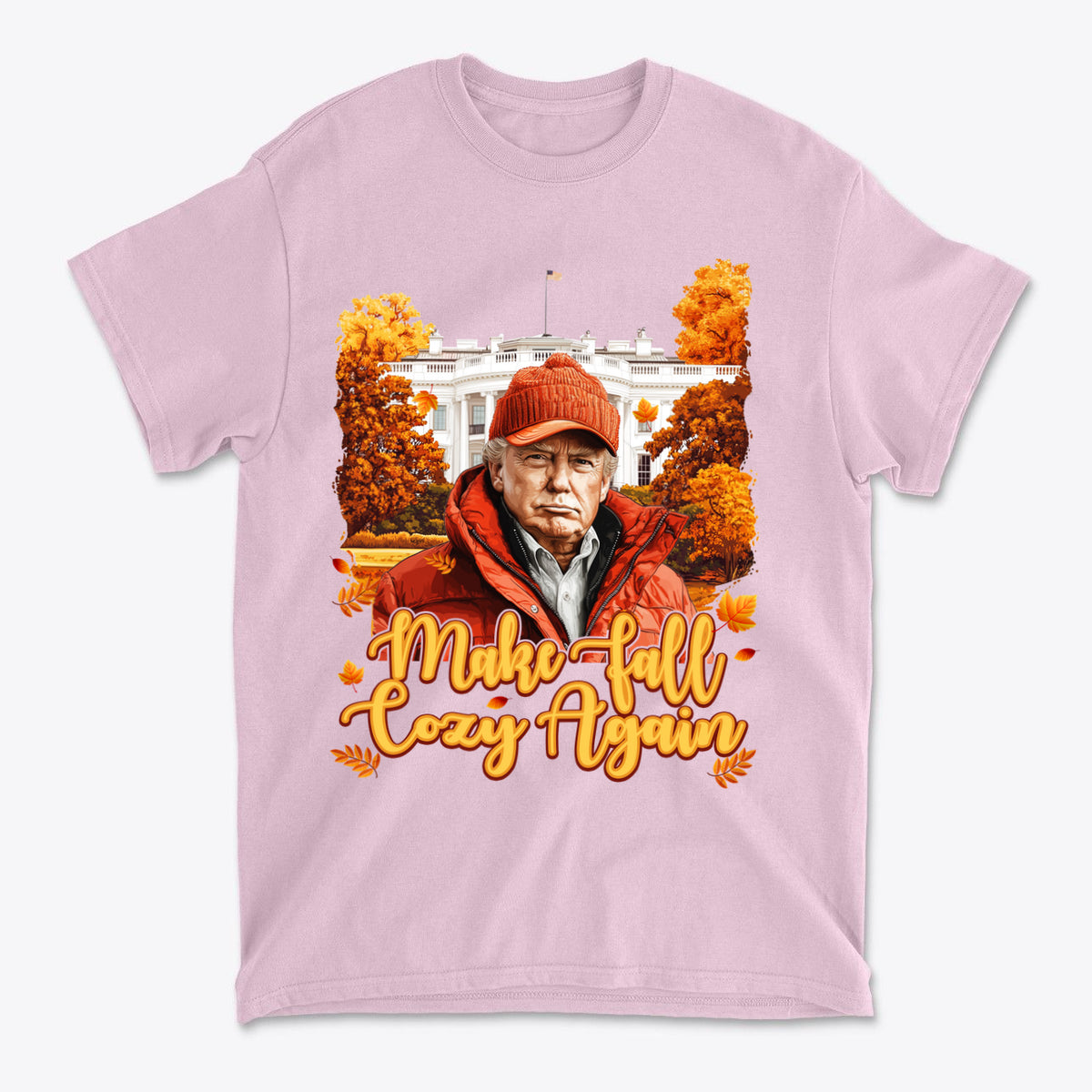 Make Fall Cozy Again Seasonal Shirt with autumn leaves and cozy design on a pink background.
