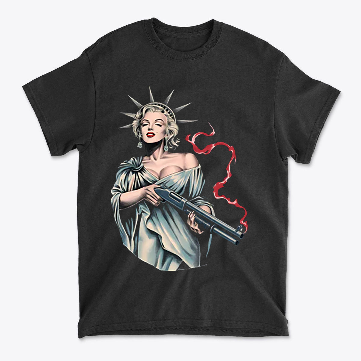 Marilyn Statue Of Liberty Apparel black t-shirt featuring a vintage-style illustration of a woman in a liberty crown with a gun.