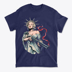 Marilyn Statue Of Liberty Apparel t-shirt featuring a woman with a gun and Lady Liberty attire.