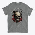 Memento Mori Skull Design Shirt featuring a skull and roses graphic on a gray t-shirt.