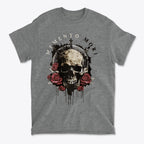 Memento Mori Skull Design Shirt featuring a skull and roses graphic on a gray t-shirt.