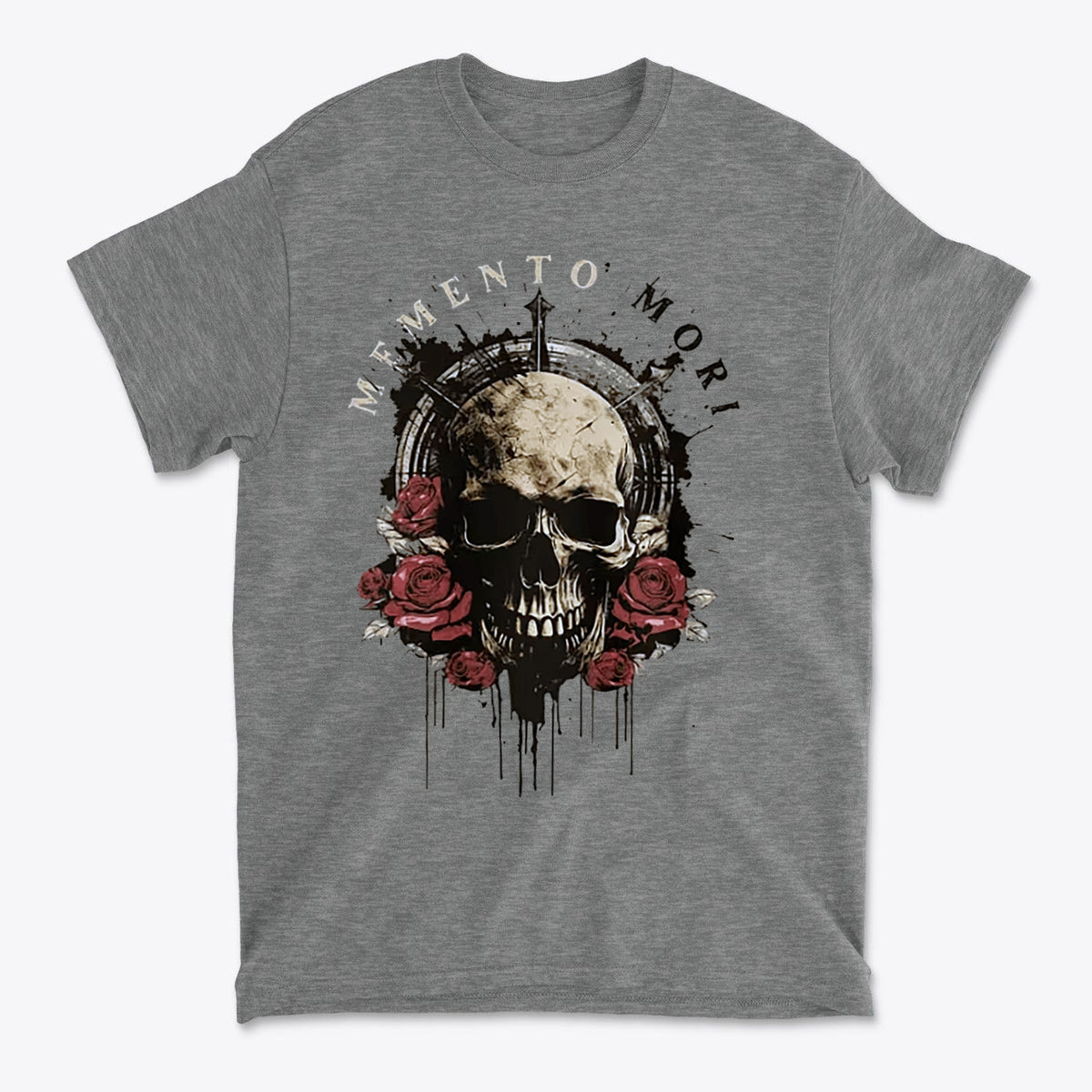 Memento Mori Skull Design Shirt featuring a skull and roses graphic on a gray t-shirt.
