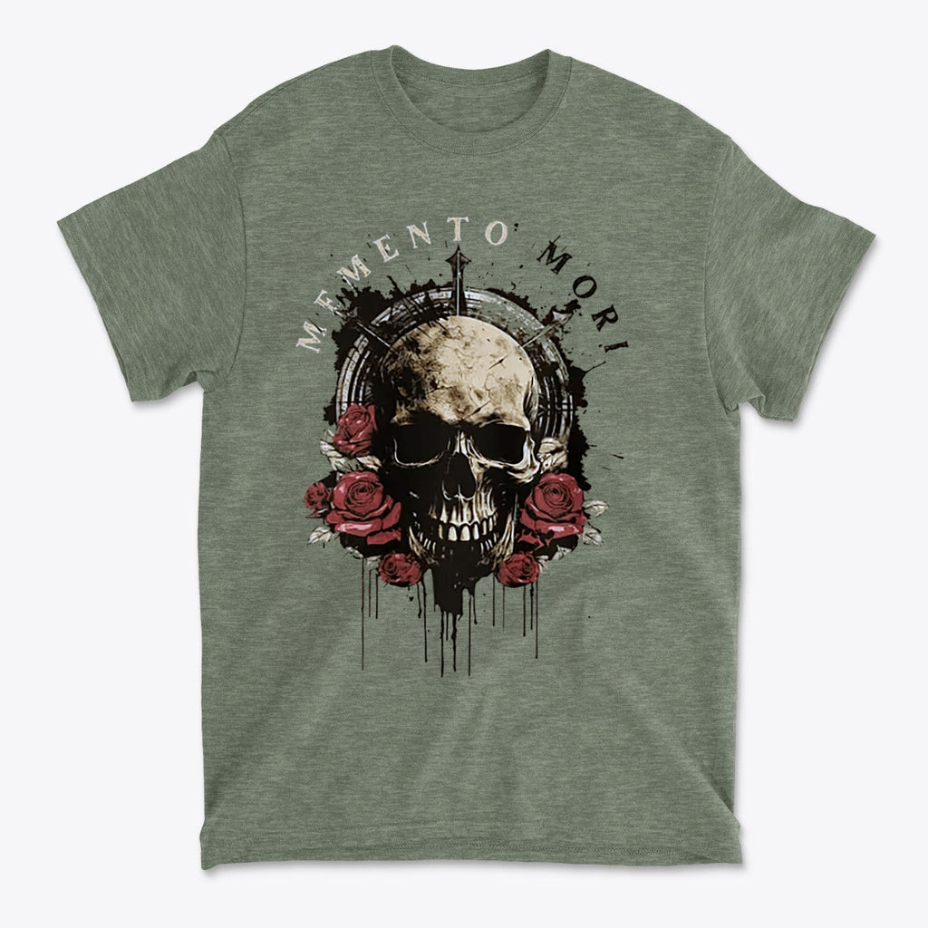 Memento Mori Skull Design Shirt featuring a skull surrounded by roses on a green t-shirt.