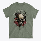 Memento Mori Skull Design Shirt featuring a skull surrounded by roses on a green t-shirt.
