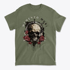 Memento Mori Skull Design Shirt featuring a skull surrounded by roses and a striking graphic print.