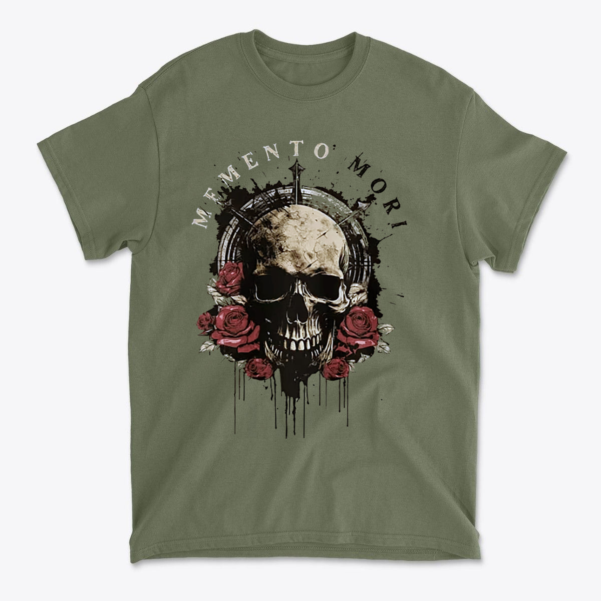 Memento Mori Skull Design Shirt featuring a skull surrounded by roses and a striking graphic print.