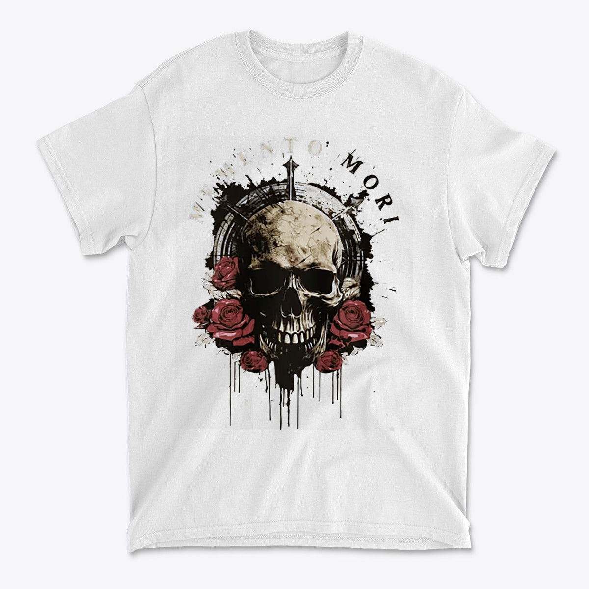 Memento Mori Skull Design Shirt featuring a skull and roses graphic on a white background.