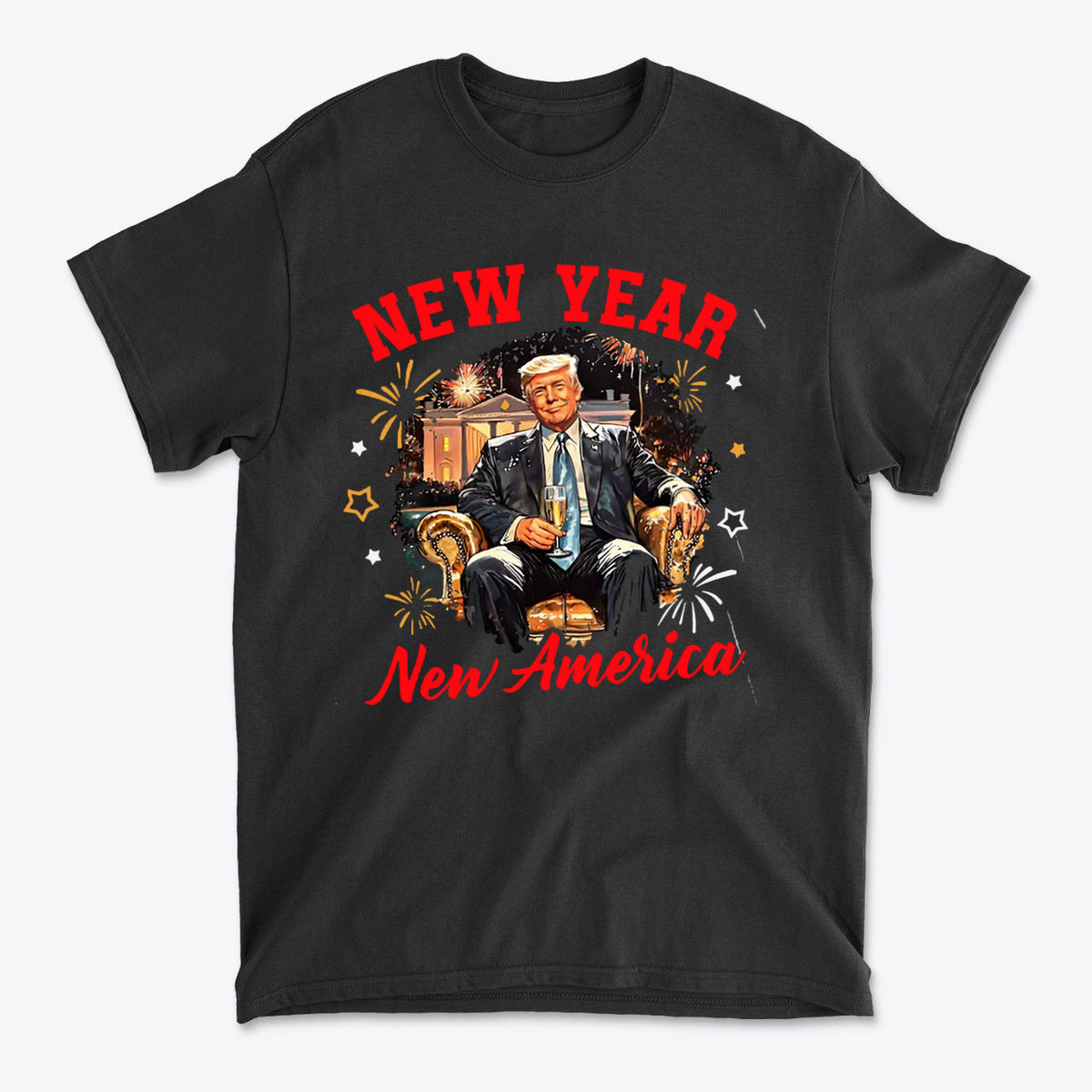 New Year New America Freedom Design apparel featuring a seated man with a celebratory background and bold graphics.