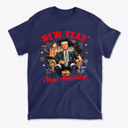New Year New America Freedom Design graphic on navy t-shirt featuring a patriotic theme and celebratory elements.