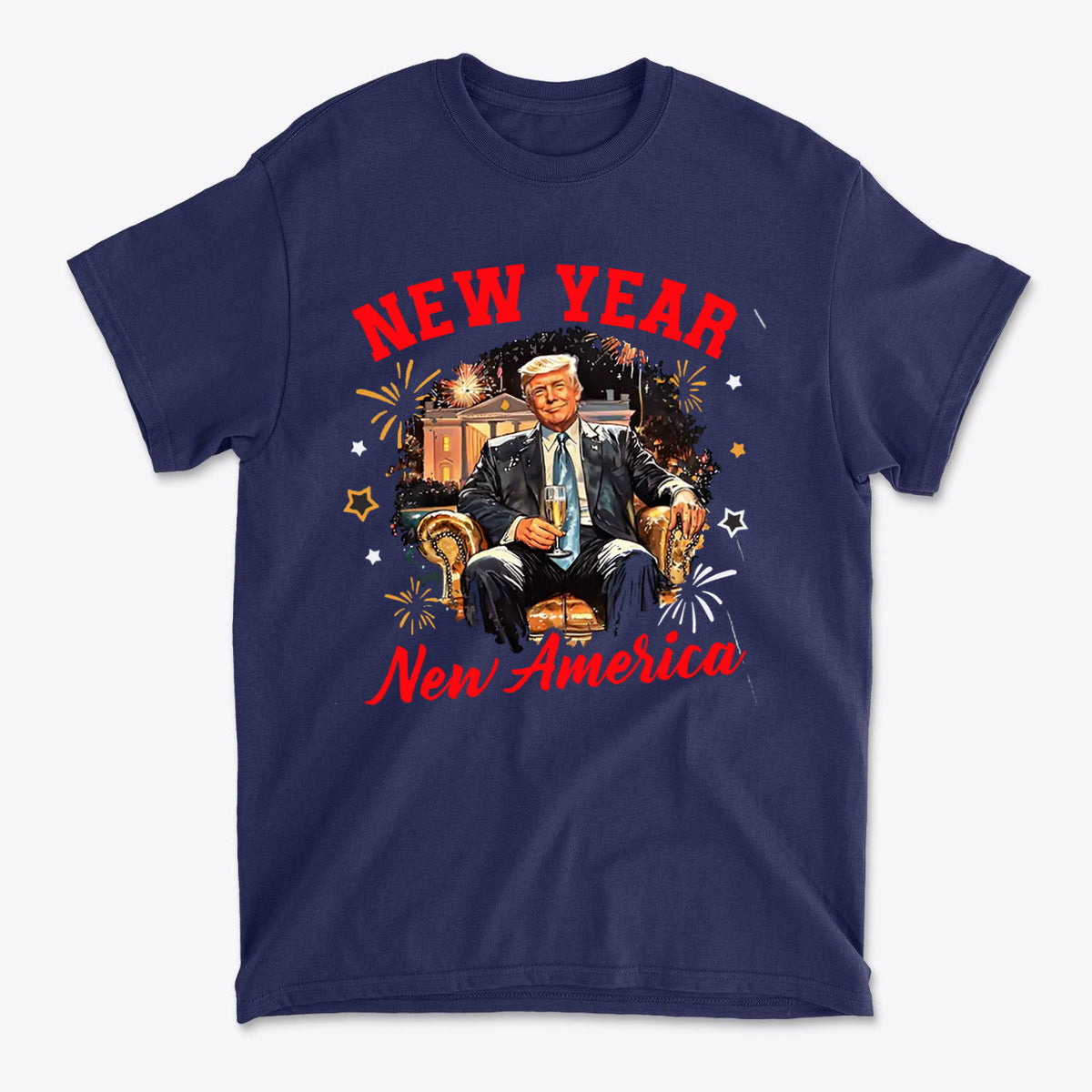New Year New America Freedom Design graphic on navy t-shirt featuring a patriotic theme and celebratory elements.