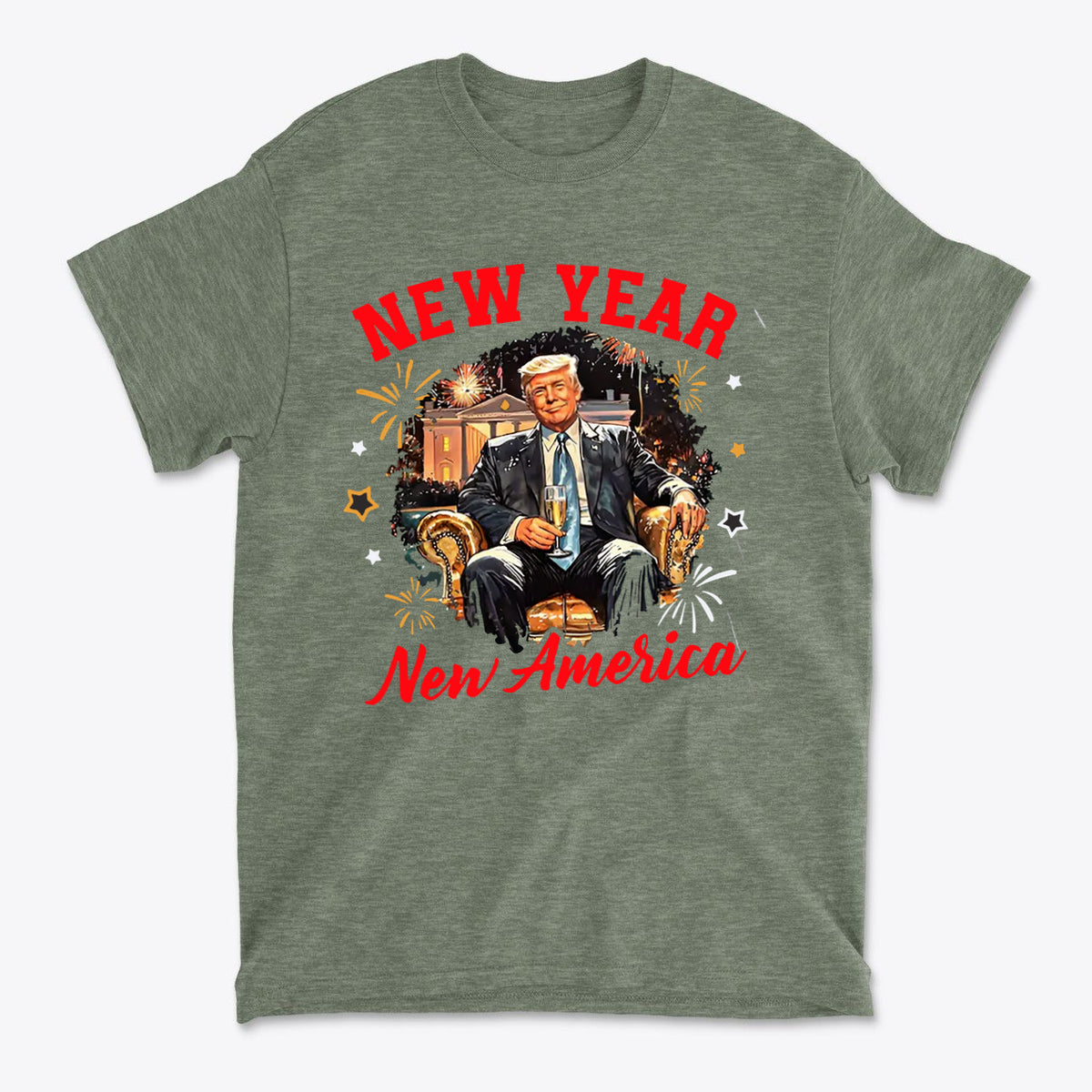 New Year New America Freedom Design t-shirt featuring a patriotic design with holiday elements.