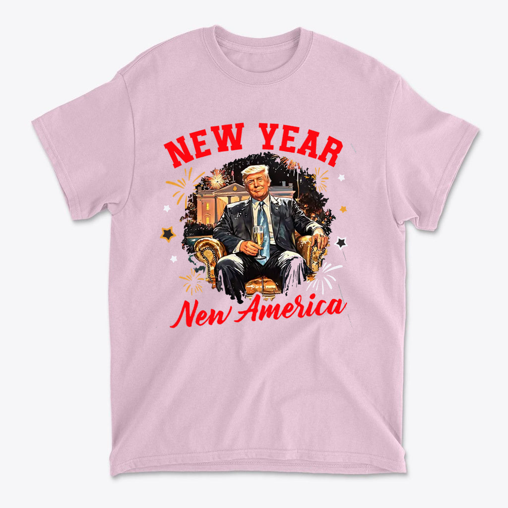 Pink t-shirt featuring New Year New America Freedom Design with graphic illustration celebrating patriotism.