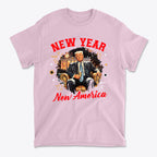 Pink t-shirt featuring New Year New America Freedom Design with graphic illustration celebrating patriotism.