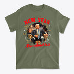 New Year New America Freedom Design graphic t-shirt showcasing a patriotic theme and festive imagery.