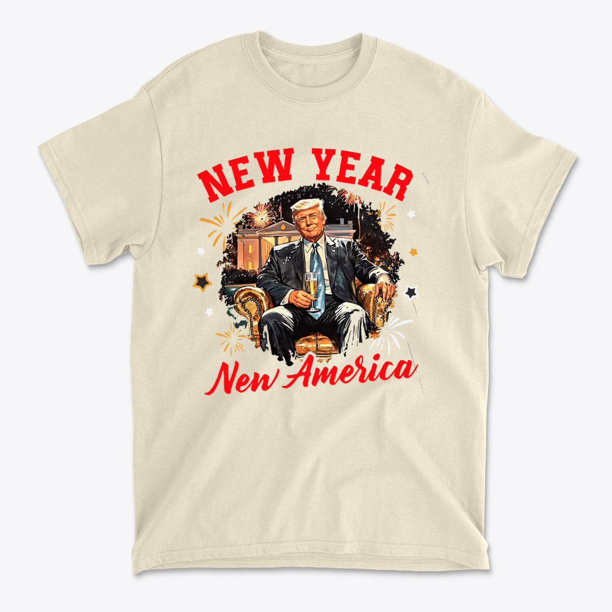 New Year New America Freedom Design t-shirt featuring a graphic of a patriotic theme and festive colors.