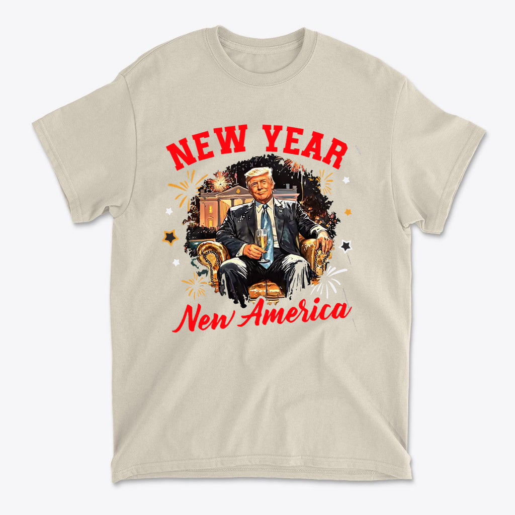 New Year New America Freedom Design graphic t-shirt featuring patriotic imagery and bold typography.