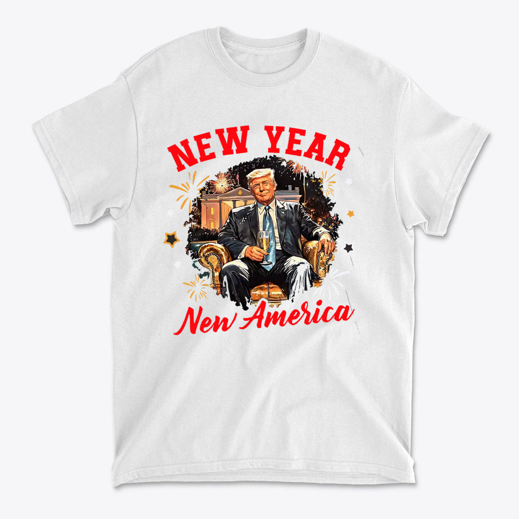 New Year New America Freedom Design graphic apparel featuring a seated gentleman in a festive setting.