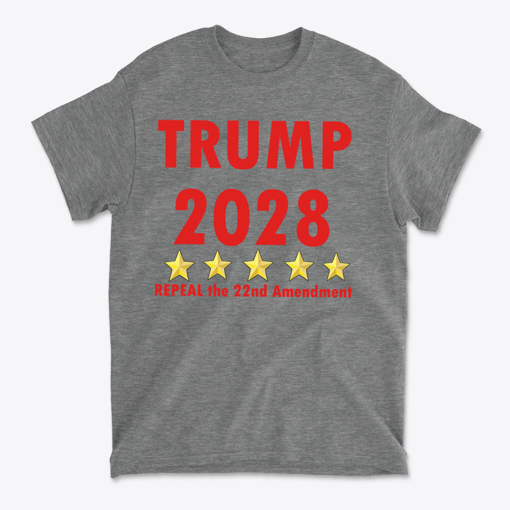 2028 Repeal 22nd Amendment Trump graphic t-shirt promoting political statement with bold text and stars.