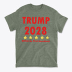 2028 Repeal 22nd Amendment Trump t-shirt featuring bold text and stars on a green background.