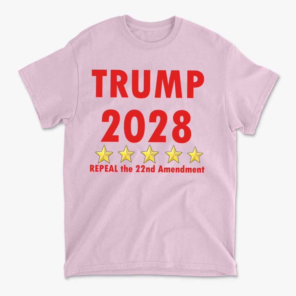2028 Repeal 22nd Amendment Trump graphic t-shirt in pink with bold text and stars.