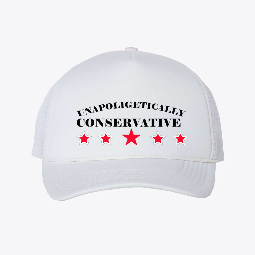 Unapologetically Conservative - Foam Mesh-Back Trucker Cap with stars on a white background.