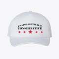 Unapologetically Conservative - Foam Mesh-Back Trucker Cap with stars on a white background.