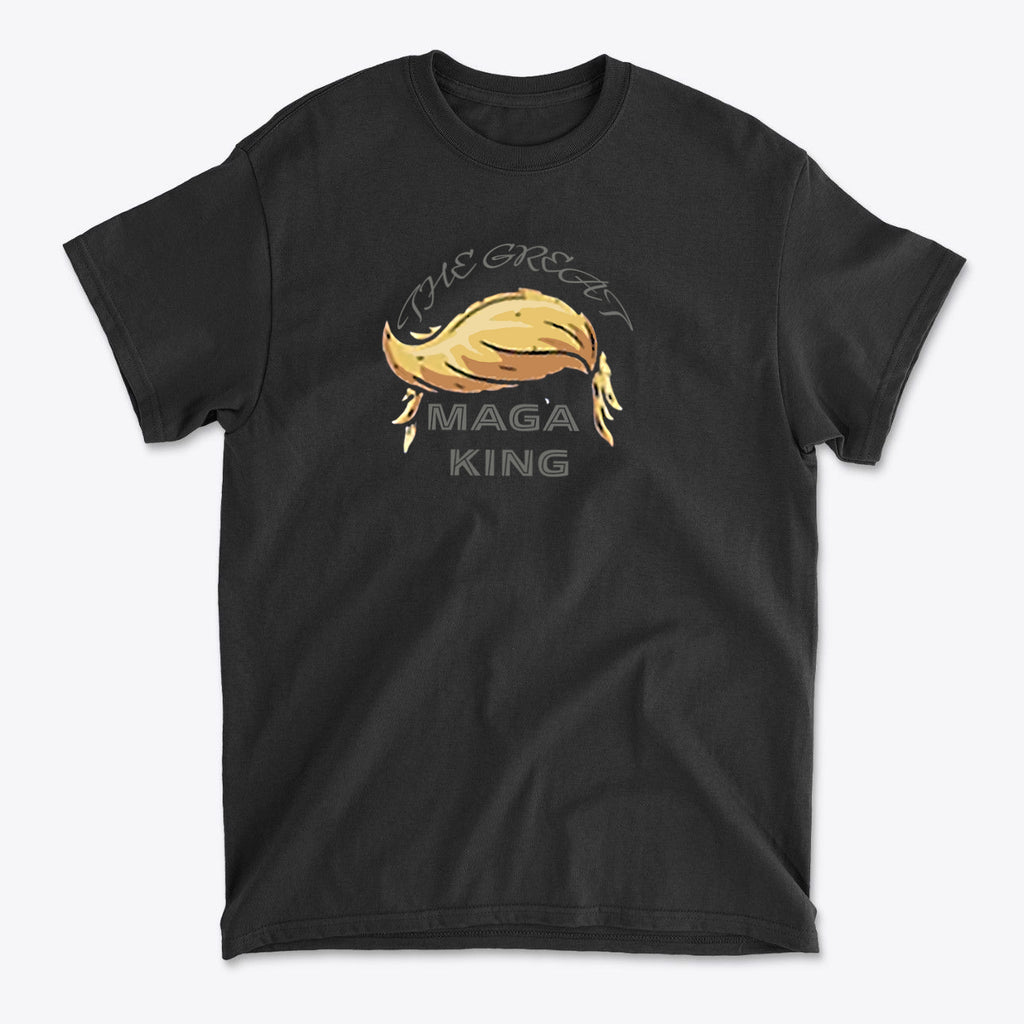 The Great MAGA King Graphic Tee featuring a unique design with bold text and iconic hairstyle on a black t-shirt.