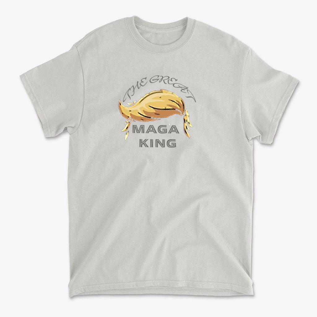 The Great MAGA King Graphic Tee featuring a bold design and iconic slogan on a light t-shirt.