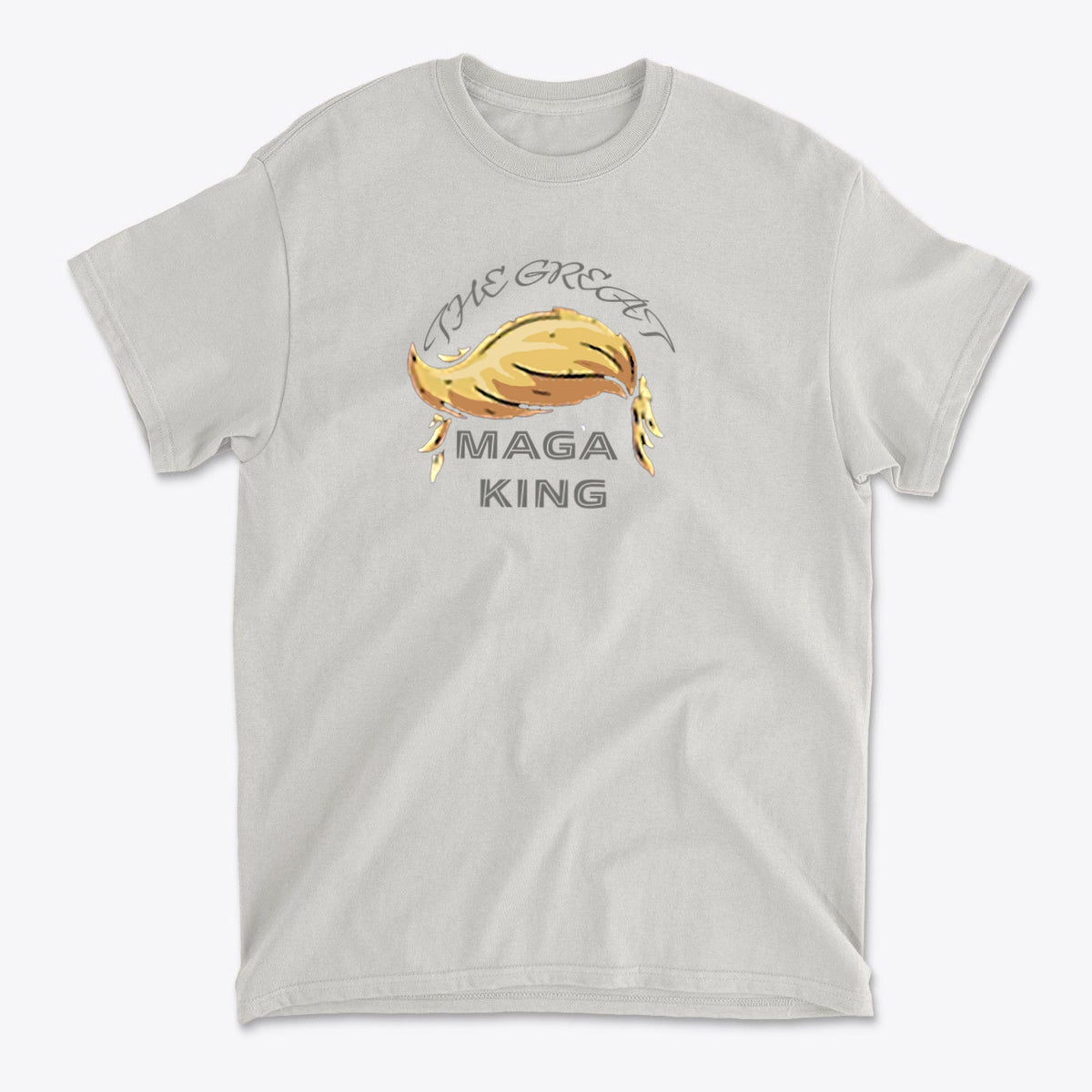 The Great MAGA King Graphic Tee featuring a bold design and iconic slogan on a light t-shirt.