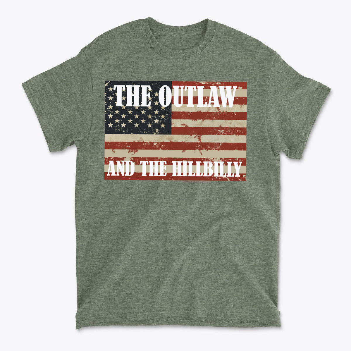 Patriotic Conservative Apparel for Men featuring a graphic shirt with American flag and text 'THE OUTLAW AND THE HILLYBILLY'
