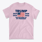 Trump The Returns Of My President t-shirt design featuring years, American flag, and bold text.