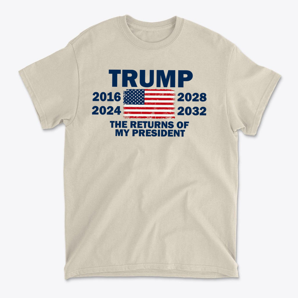 Trump The Returns Of My President t-shirt featuring years and American flag design.