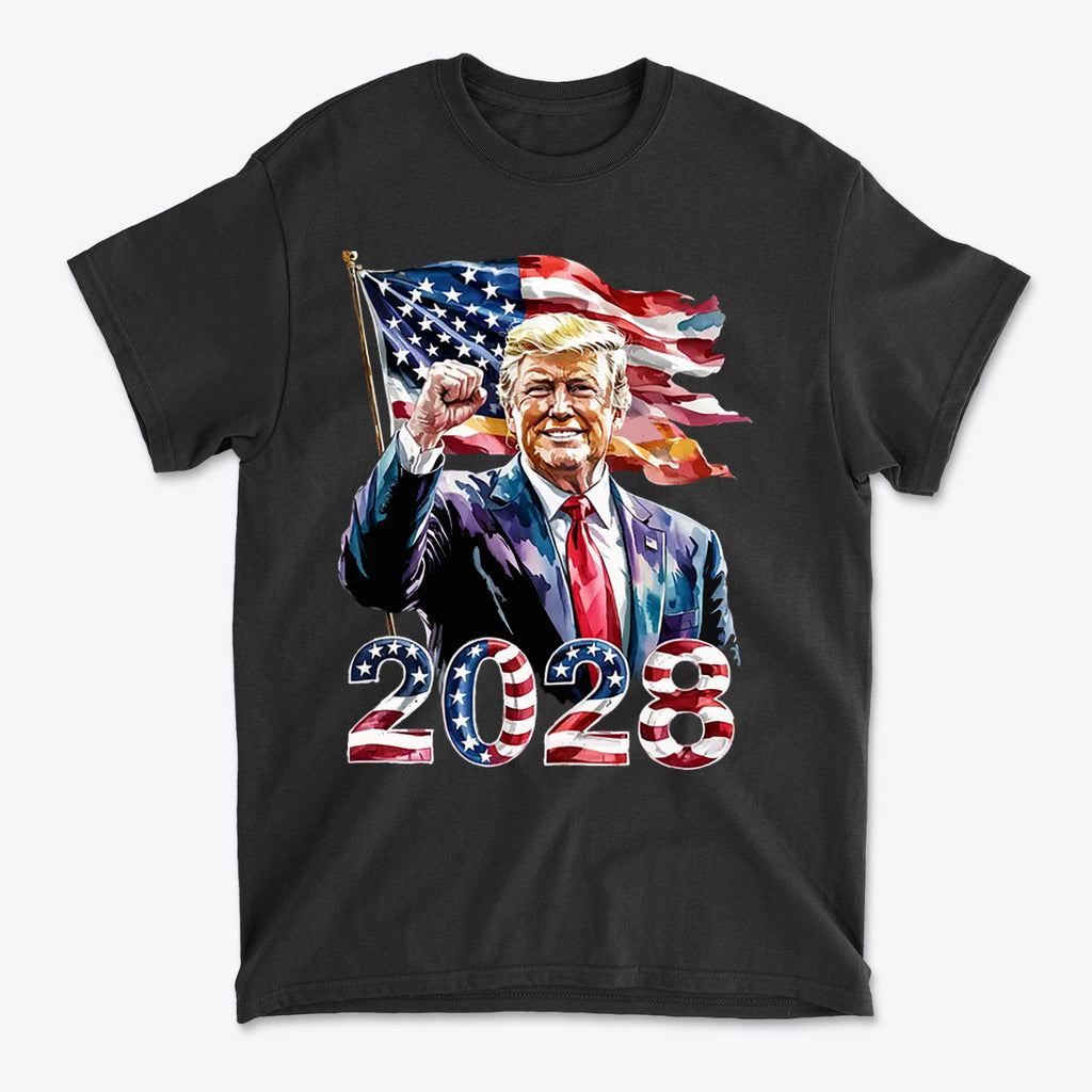 Trump 2028 Raised Fist Print Tee featuring Trump with American flag and 2028 design