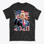 Trump 2028 Raised Fist Print Tee featuring Trump with American flag and 2028 design