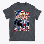 Trump 2028 Raised Fist Print Tee featuring Trump with American flag design and 2028 in red, white, and blue.