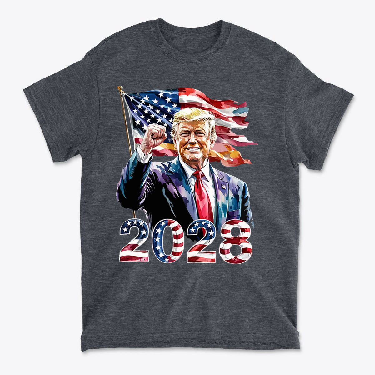 Trump 2028 Raised Fist Print Tee featuring Trump with American flag design and 2028 in red, white, and blue.
